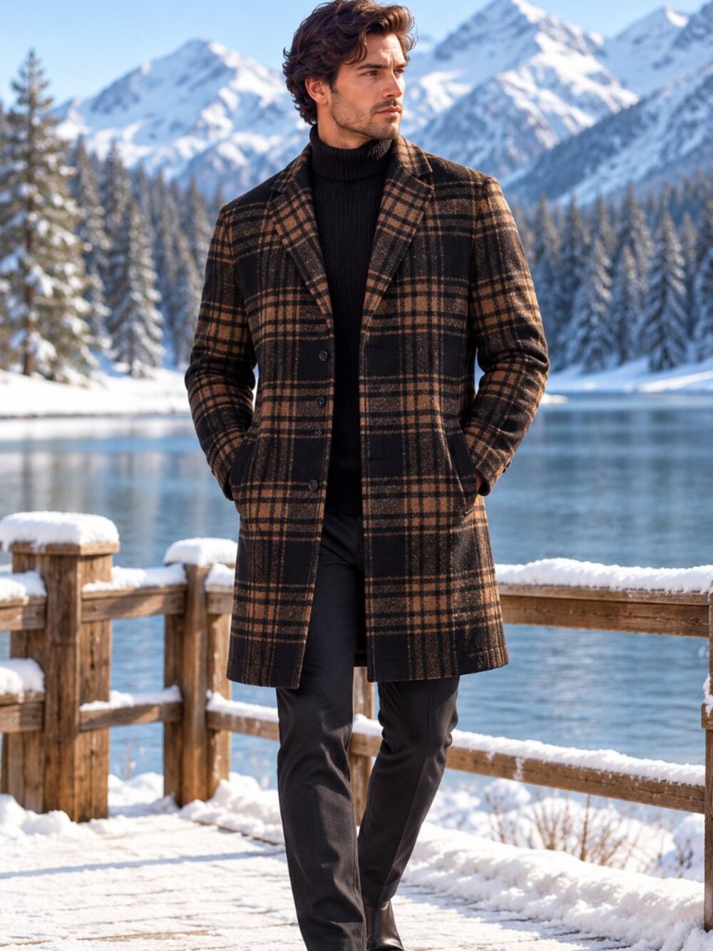 Hugo Boss Plaid Overcoat Brown Black Italian Wool Blend Relaxed Fit Jacket